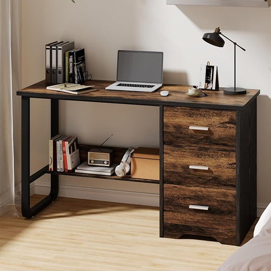 Small Desk with 3 Drawers, 47 Inch Computer Desk with Drawers & Bottom Shelves for Bedroom, Home Office Desk with Storage File Cabinet for Small Spaces, Writing and Work, Black and Brown