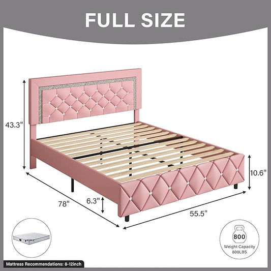 BarnFurin Full Size Bed Frame, Upholstered Platform Bed with Button Tufted Headboard, Princess Bed Frame with Diamond Design, No Box Spring Required, Easy Assembly, Pink