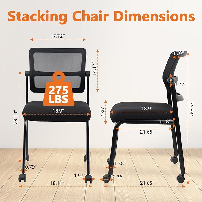 CLATINA Stacking Armless Office Guest Chair with Wheels, Stackable Mesh Waiting Room Reception Desk Chairs with Adjustable Backrest for Conference Lobby Side School, Black, 4PK