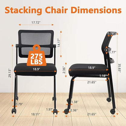 CLATINA Stacking Armless Office Guest Chair with Wheels, Stackable Mesh Waiting Room Reception Desk Chairs with Adjustable Backrest for Conference Lobby Side School, Black, 4PK
