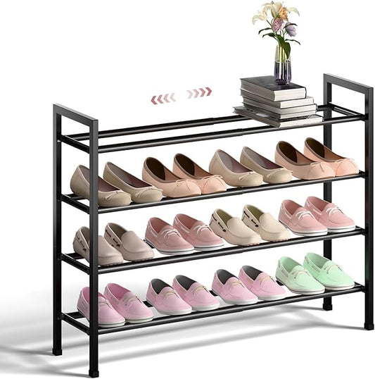 Bumusty 4-Tier Expandable Shoe Rack for Closet, 18“-33” Adjustable Shoe Rack for Small Space, Small Shoe Organizer for Front Door, Sturdy Metal, Black