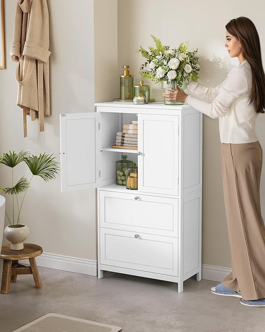 VASAGLE Floor Storage Cabinet, Freestanding Storage Unit with 2 Drawers and 2 Doors, Adjustable Shelf, 11.8 x 23.6 x 43.3 Inches, for Entryway, Bathroom, White UBBC551P31
