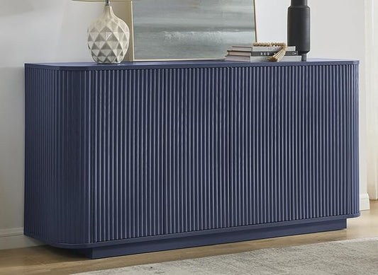 LKTART 64" Buffet Cabinet with Storage, Modern Fluted Accent Sideboard Media Console Credenza with Adjustable Shelves Pressed Spring for Kitchen Living Room,31.5" H (Blue)