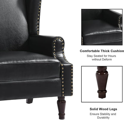 Accent Chair, Upholstered High Back Armchair with Nailhead Trim & Wood Legs, Comfy Wingback Reading Single Sofa Chair for Small Spaces, Living Room, Bedroom (Leather Black, Set of 1)