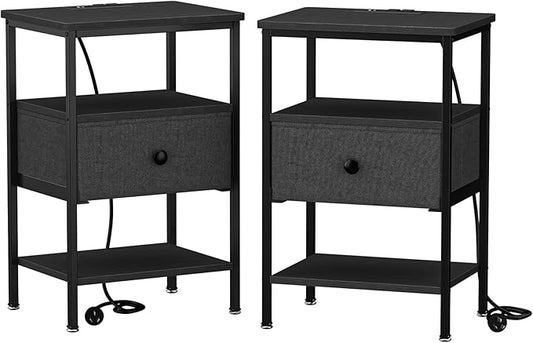 VECELO Night Stand Set 2, Nightstand with Charging Station, End Tables with Open Storage Shelf, Bed Side Tables with Fabric Drawers for Bedroom,Living Room,Classic Black