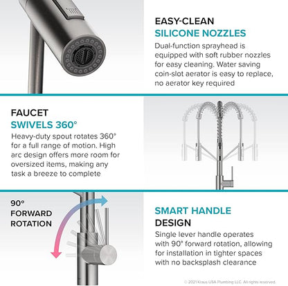 KRAUS Oletto Commercial Style Single Handle Pull Down Kitchen Faucet with QuickDock Top Mount Installation Assembly in Spot Free Stainless Steel, KPF-2631SFS