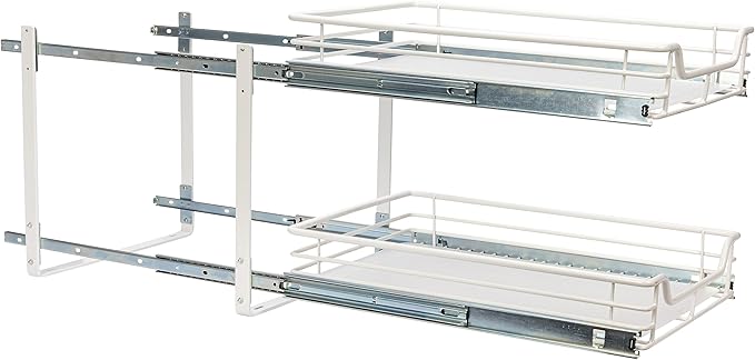 Household Essentials Glidez Multipurpose Paint-Finished Steel Pull-Out/Slide-Out Storage Organizer for Under Cabinet Use - 2-Tier Design - Fits Standard Size Cabinet or Shelf, White