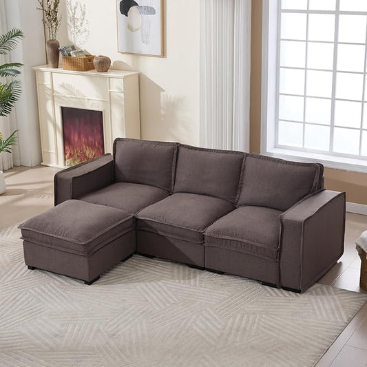 Modern Sectional Sofa for Living Room, Upholstered 3-Seater Modular Couches Linen Fabric L-Shaped Sofa with Ottoman for Home Furniture, Grey