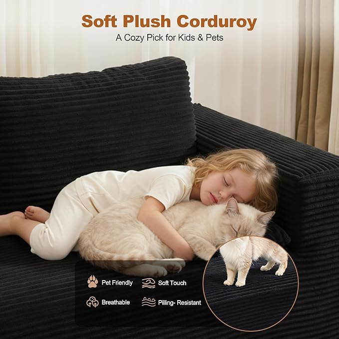 Modular Sectional Cloud Couch for Living Room,Modern Boneless Couche Set with Plush Corduroy,Comfy Floor Sofa with Memory Foam,Stupendous U Shaped Sofa with Ottoman,No Assembly Required,Black