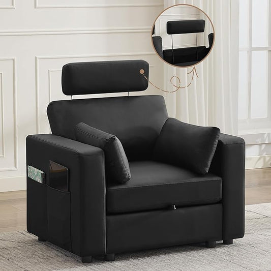 41.1" Accent Sofa Chair with Storage, Faux Leather Living Room Chairs with Headrest and Side Pockets, Mid Century Modern Arm Chair, Upholstered Comfy Single Couch Reading Club Chairs, Black
