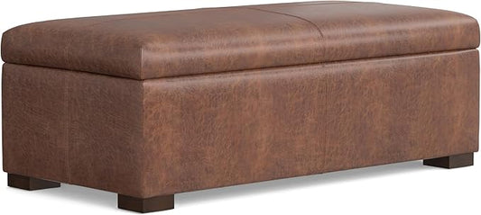SIMPLIHOME Gabbie 48 inch Wide Contemporary Rectangle Rectangular Storage Ottoman in Distressed Saddle Brown Vegan Faux Leather, Assembled, for The Living Room, Entryway and Family Room