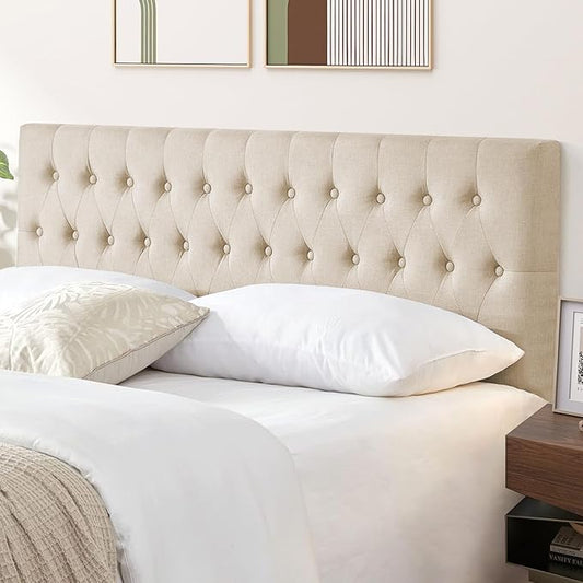 Kingfun Headboards for King Size Bed in Modern Button Design, Premium Linen Fabric Upholstered Tufted Bed Headboard, Adjustable Solid Wood Head Board, Beige