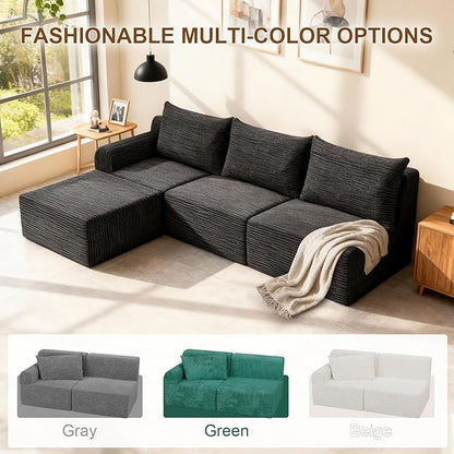 JSLOVE Modular L-Shape Sectional Sofa with Chaise, 3 Seat Movable Boneless Cloud Couch in One Box, Sofa Couch Bed with Ultra-Soft Corduroy Fabric, No Assembly Required for Living Room, Bedroom(Black)