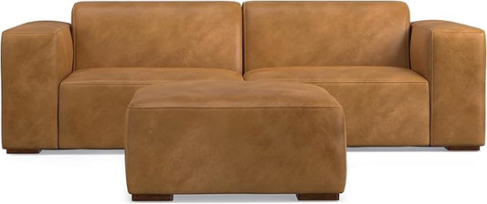 SIMPLIHOME Rex Modular Sofa and Ottoman Set in Full-Grain Genuine Leather, Sienna, 88-inch-Wide 2-Seater Leather Couch and Matching 34-inch-Wide Table Ottoman for Living Room