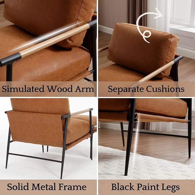 LukeAlon Mid-Century PU Leather Accent Chair with Ottoman, Soft Living Room Chair with Metal Legs Wood Arms Modern Upholstered Lounge Chair Leisure Chair with Footstool for Bedroom Reading Room, Brown