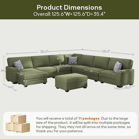 Wanderwell Oversized Modular Sectional Sofa, 6-Seater U Shaped Couches with Movable Ottoman,Corduroy Sectional Couch with Wide and Deep Seats Suitable for Living Room,Bedroom,Apartment (Olive, U-9)