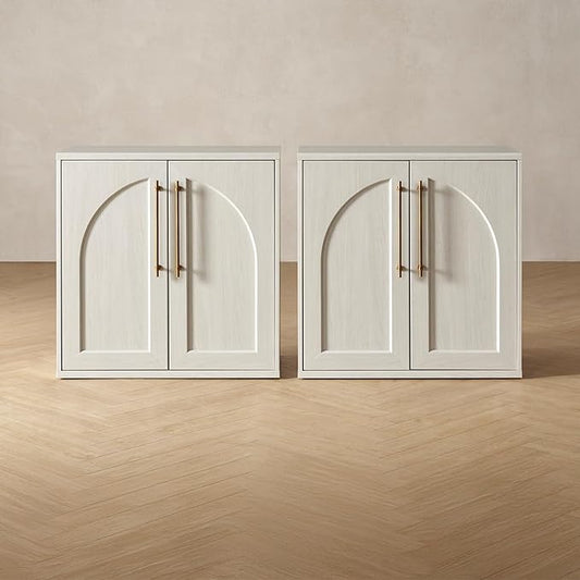 mopio Blake Storage Cabinet, Small Modular Accent Display Sideboard Buffet Cabinet with Storage, Media Console Credenza, for Kitchen, Coffee Bar, Pantry, Living Room (White Oak Arched, Set of 2)