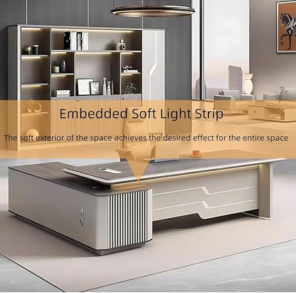 78IN Executive Office Desk - Large Office Desk L Shaped Computer Desk with 2 Drawers & Grille Design | Thickened Countertop & Large Capacity Side Cabinet Storage & Metal Cabinet Handle