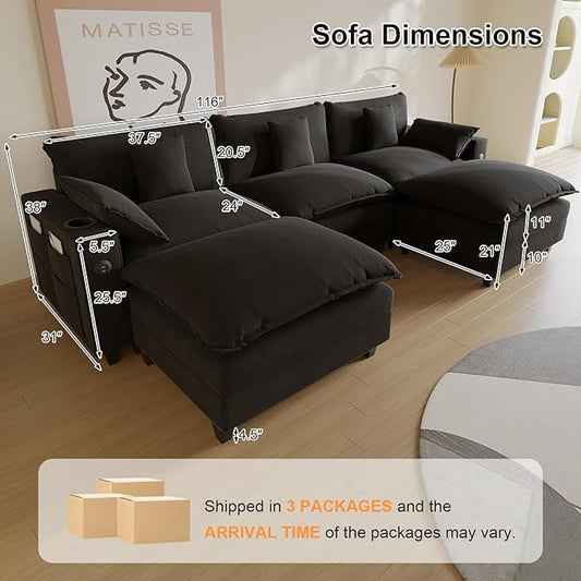 Cloud Couch, Modular Sectional Sofa with Ottoman, Charging Station, Throw Pillows, Cup Holders, Modern Convertible L Shaped Couches for Living Room, Bedroom (Classic Black, 116"- U Shape)
