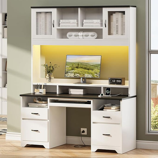 Bestier 77.8" H Executive Desk with Hutch, Modern Wood Computer Desk with Drawers, Charging Station, LED Light, Fluted Storage Cabinet, Keyboard Tray, 59" W Office Desk for Home Office, White