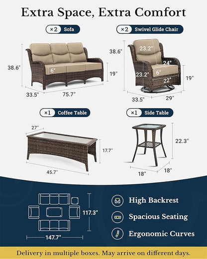 HILLGA Luxury Patio Furniture Set with 6-Inch Thick Cushions, High Back Outdoor Swivel Rocker Chairs and Patio Couch, 6-Piece All Weather Conversation Set for Porch Deck Pool Yard, Beige (V3)