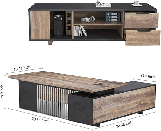 70.86 inch Inch Large Executive Desk with Drawers Cabinet, L Shaped Office Desk, Computer Desk with Universal Charging Ports and Cable Management for Business Furniture Set Workstation for Home Office