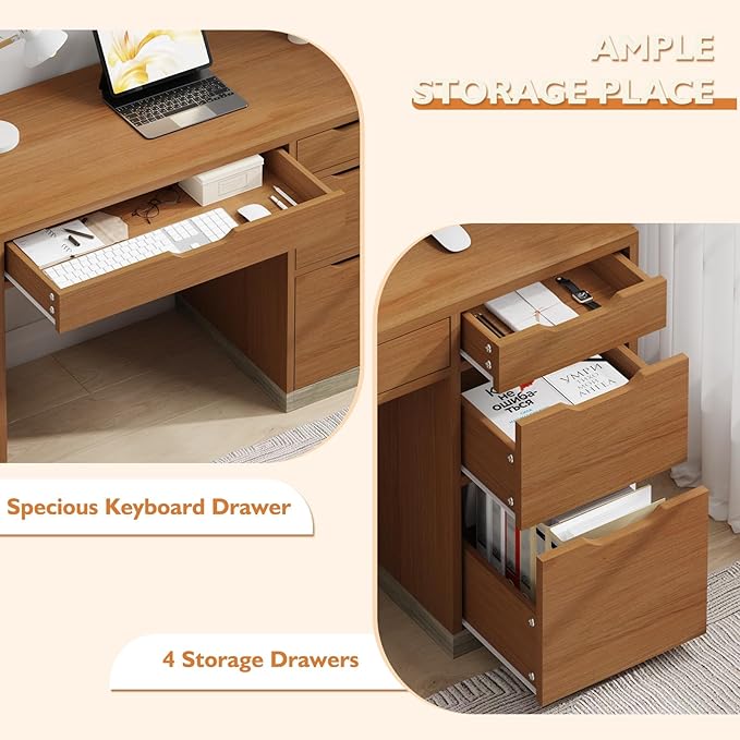 48 Inch Small Desk with 4 Drawers, Computer Desk with Storage File Cabinet for Bedroom, Home Office Desk with Storage for Small Space, Brown