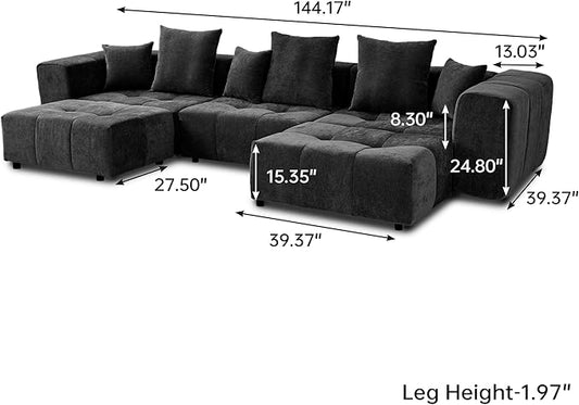 JACH 144.1 Inch U-Shaped Modular Sofa, Mid Century Modern Deep Seat Sectional Couch, 3-Seater Sofas with Chaise Ottomans for Living Room, Cozy Sofas for Apartment, Living Room (Linen Fabric, Black)