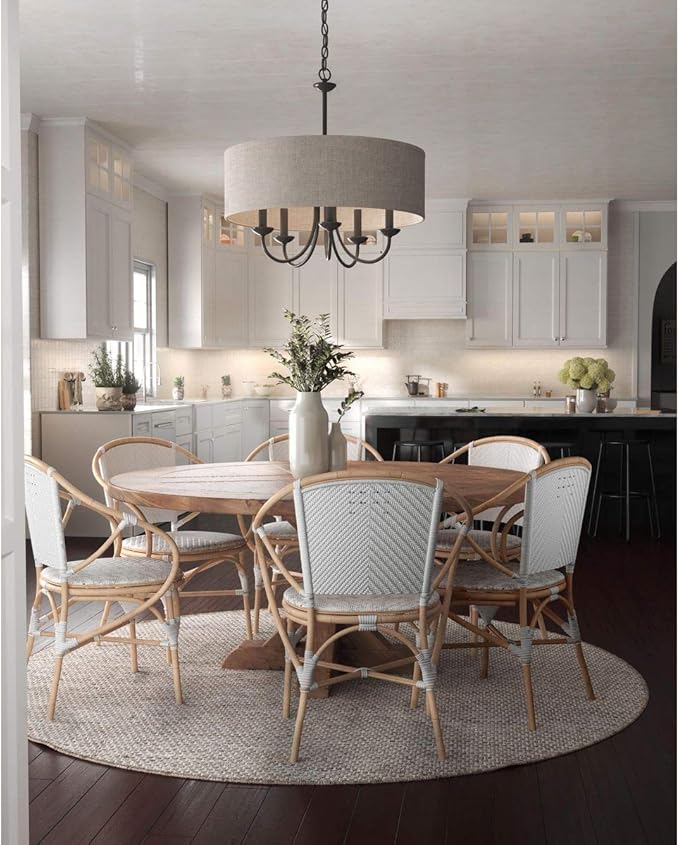 Progress Lighting Drum Shade Collection Five-Light Chandelier, Farmhouse Style Hanging Ceiling Light Fixture for Dining Rooms, Foyers, Harvest Linen Shade, Matte Black