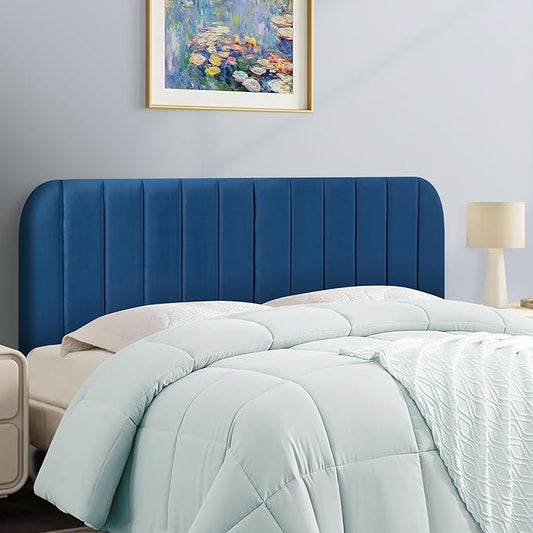 Upholstered Headboard - Striped Interval - Adjustable Height - Metal Legs - Bed Frame (Blue, Queen (U.S. Standard))