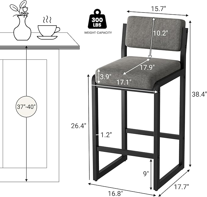 Bar Stools, Fabric Counter Height Bar Stools with High Back and Metal Legs, Upholstered Bar Chairs, 26" Modern Barstools for Kitchen Island, Grey