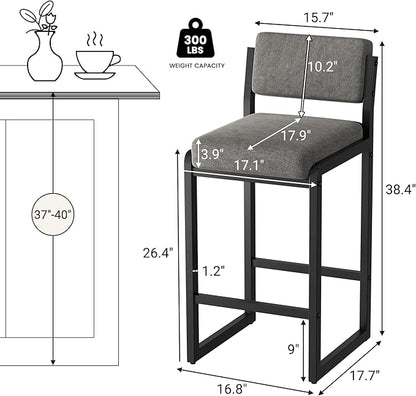 Bar Stools, Fabric Counter Height Bar Stools with High Back and Metal Legs, Upholstered Bar Chairs, 26" Modern Barstools for Kitchen Island, Grey