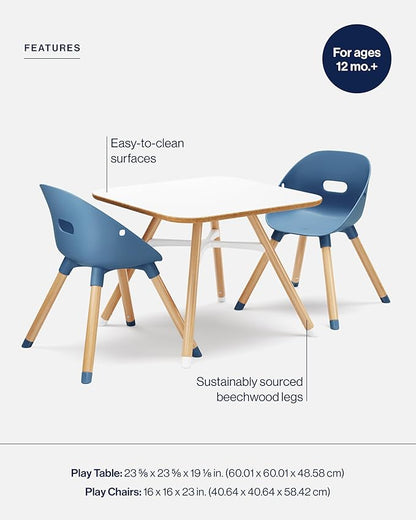 Lalo The Play Kit - Kids Table & Chairs Set with Sustainably Sourced Wood Table & 2 Non-Toxic Bucket Seat Chairs - Safe & Comfortable - Coconut/Blueberry