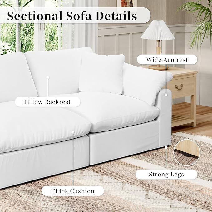 Modular Sectional Sofa Cloud Couch,Down Filled Comfy Cloud Modern Sofa,White Linen L Shape Oversized Couch Cushion Covers Removable for Living Room