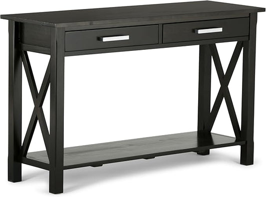 SIMPLIHOME Kitchener Console Table - 47 Inch Wide Solid Wood Sofa Table in Hickory Brown, Contemporary Storage Table for Entryway or Living Room with 2 Drawers, Bottom Shelf, and X-Design Side Panels