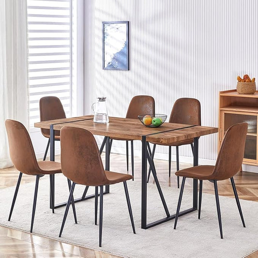 7 Piece Dining Table Set，Dinner Table Set for 6，55'' Kitchen Table and Suede Nap Fabic Chairs Set of 6，6 Chair Dining Table Set for Kitchen Dining Room