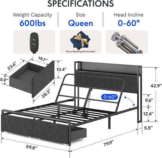 FLEXISPOT BF21Q Adjustable Bed Frame with 6 Inch Queen Size Gel Memory Foam Mattress, Viscose from Bamboo, Medium Firm, Certi-PUR & Oeko-TEX Certified, Bonus 4-Piece Queen Sheet Set Included.