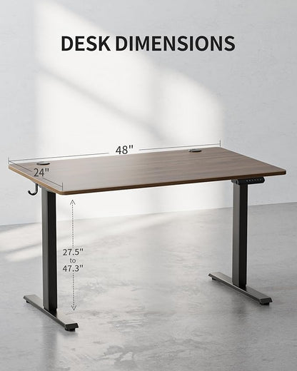 FEZIBO One-Piece Standing Desk Adjustable Height Stand up Home Office Desk, 48x24 Inch Electric Standing Computer Desk, with 4 Memory Presets, Headphone Hook, Black Walnut