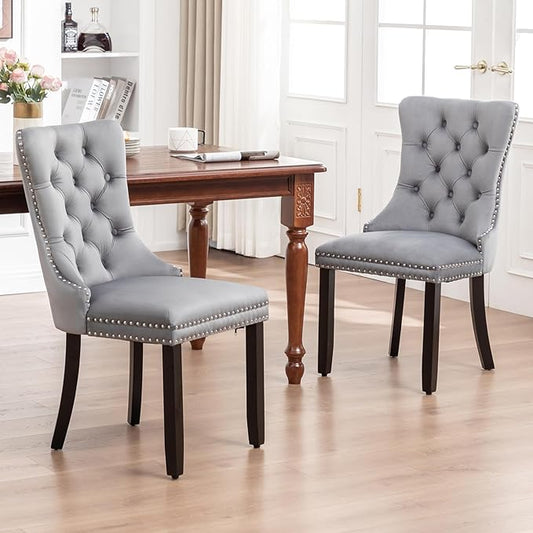 Velvet Dining Chairs Set of 6, Tufted Dining Room Chairs with Nailhead Ring Pull Trim, Upholstered Dining Chairs with Solid Wood Legs for Kitchen Dining Room (Grey)