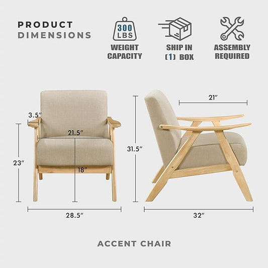 Lexicon Mid Century Modern Accent Chair with Solid Wood Frame in Natural Finish, Textured Fabric Living Room Lounge Arm Chair, Thick and Comfy Innerspring Seat Cushion, Linen-Look Fabric, Light Brown