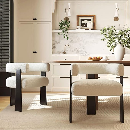 Modern Boho Dining Chairs Set of 2, White Boucle Upholstered Barrel Armchairs with Plush Teddy Fabric, Solid Black Wooden Legs, Mid-Century Accent Chairs for Dining Room, Living Room, Kitchen