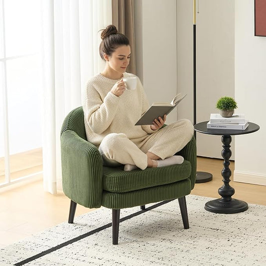 VINGLI 30.3" Wide Modern Barrel Accent Armchair with Track Armrest, Solid Wooden Legs, Comfy Upholstered Club Chair,Round Single Home Sofa for Living Room, Bedroom, Reading Room, Corduroy Green