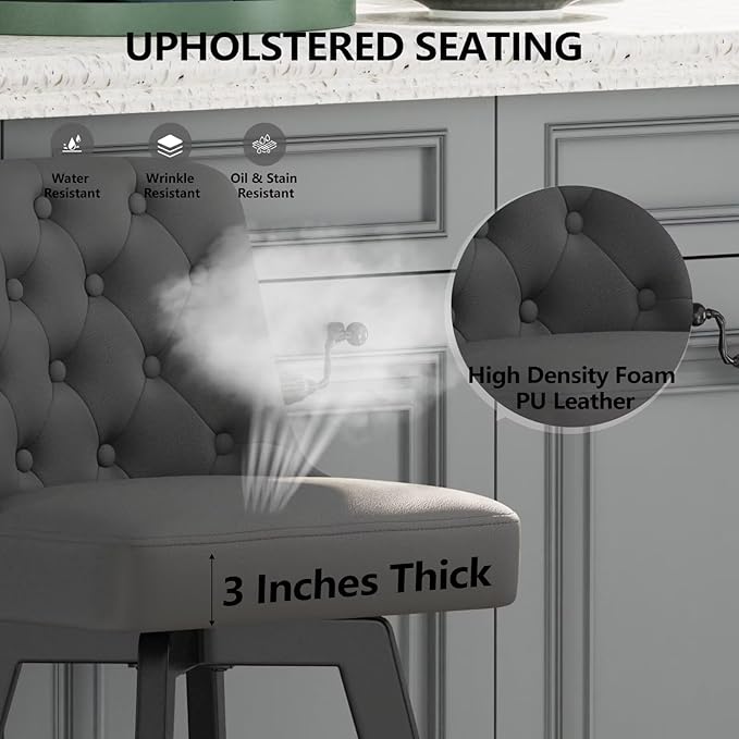 MINCETA Bar Stools Set of 3, PU Leather Barstools, 26 Inch Upholstered Counter Stools with Low Tufted Back and Footrest, Swivel Counter Height Barstools for Kitchen Island Home Bar Dark Gray