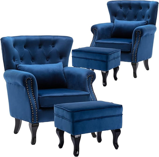 chairus Mid-Century Modern Accent Chairs with Ottoman Set of 2, Comfy Velvet Single Sofa Chair Button Tufted Wingback Armchairs with Pillow for Living Room/Bedroom/Club - Blue