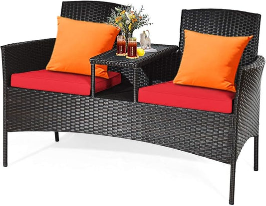 COSTWAY 2-Seat Patio Conversation Sets, Outdoor Patio Loveseat Set with Removable Cushions & Built-in Coffee Table for Backyard, Garden, Lawn, Balcony, Black+Red
