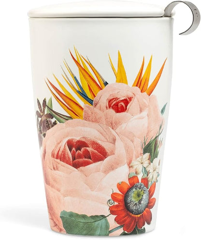 Tea Forte Double-Walled Ceramic Kati Cup, Removable Stainless Steel Infuser Basket and Lid, Steeps 12 oz Loose Leaf Tea, Dishwasher & Microwave Safe, Jubilee