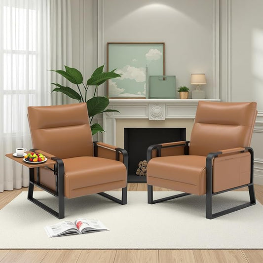 Faux Leather Accent Chairs Set of 2 with Flip Up Tray Tables Soft Backrest for Living Room Office Bedroom Modern Accent Chairs, Brown