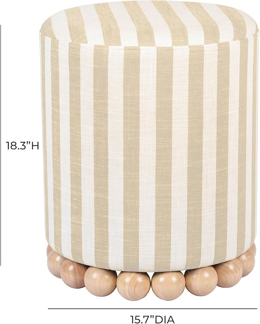 First of a Kind Ottoman Foot Rest - Beige Round Ottoman Stool with Solid Wood Spherical Orbs - 15.7" W x 15.7" D x 18.3" H - Handmade, Easy Clean, 330 lbs Weight Capacity
