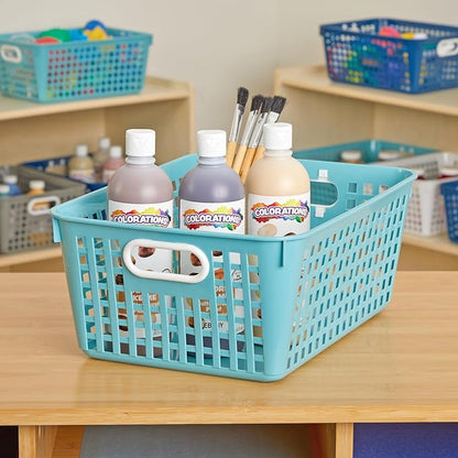 Really Good Stuff 160016WA Multi-Purpose Plastic Storage Baskets for Classroom or Home Use - Stackable Mesh Plastic Baskets with Grip Handles 13" x 10" (Water - Set of 12)