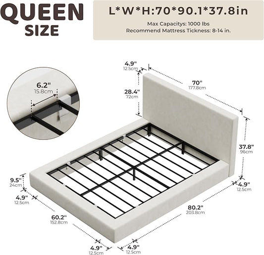 RECCI Cloud Upholstered Queen Bed Frame with Headboard, 5 Inch Foam Padded Platform, No Box Spring, Easy Assembly(Cream)